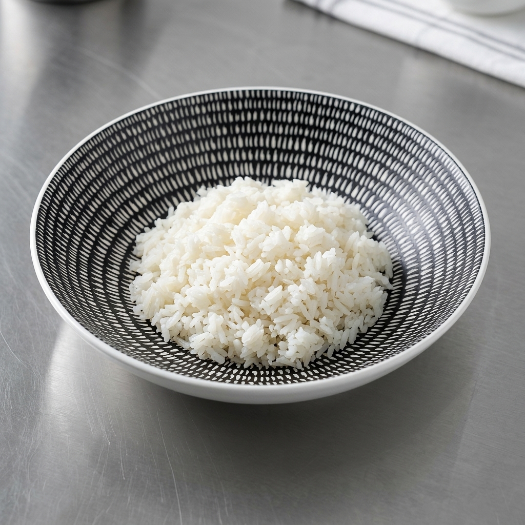 Arroz blanco servido en un bowl decorado.