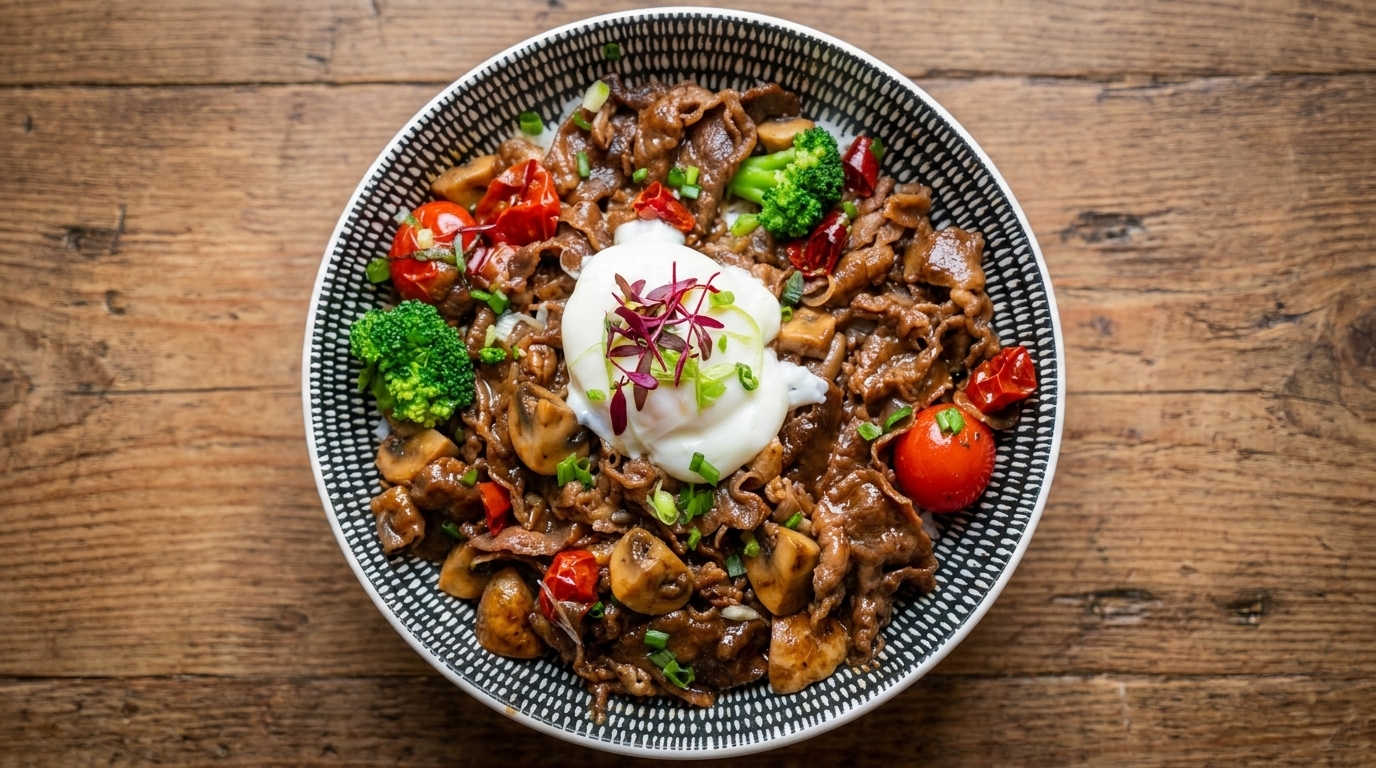Un sabroso bowl de arroz con ternera snowflake coronado con un huevo cremoso a baja temperatura, tomates cherry y brotes frescos.