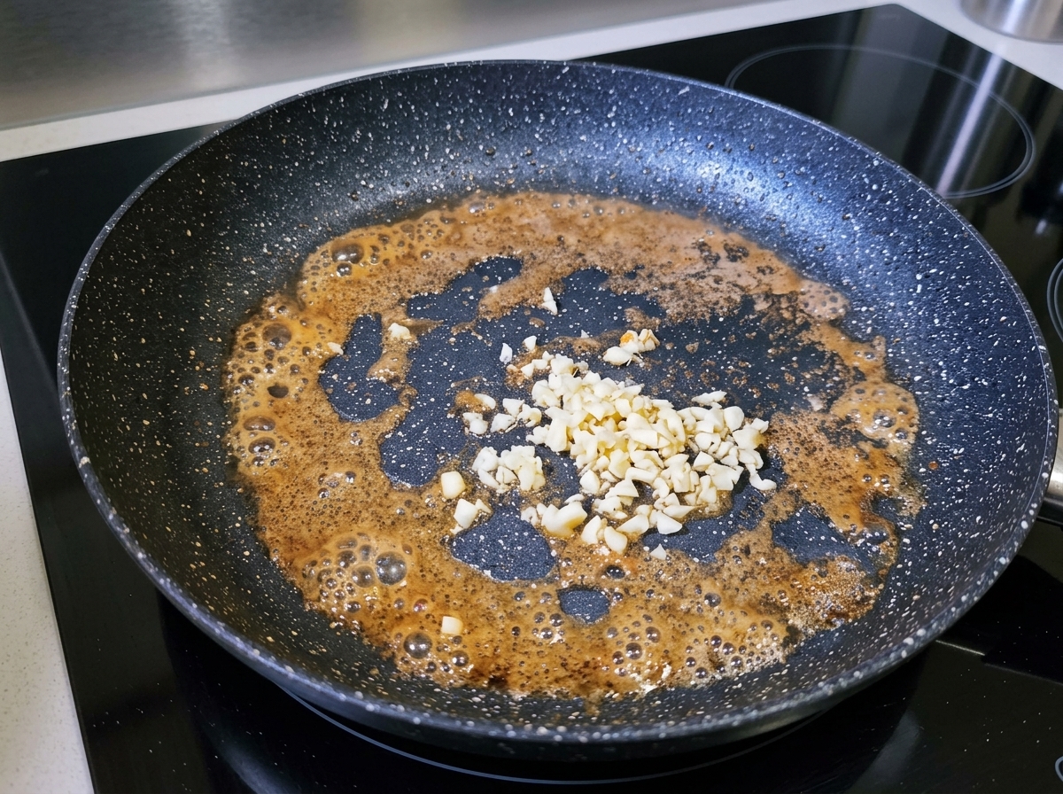 Ajo, tomates y pimientos cocinándose en la sartén.