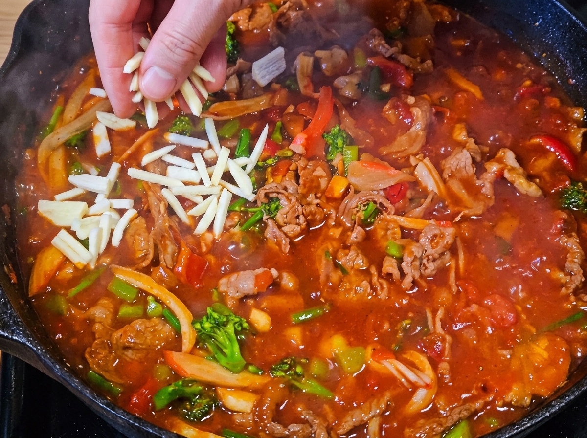 Queso rallado esparciéndose sobre el contenido de la sartén.