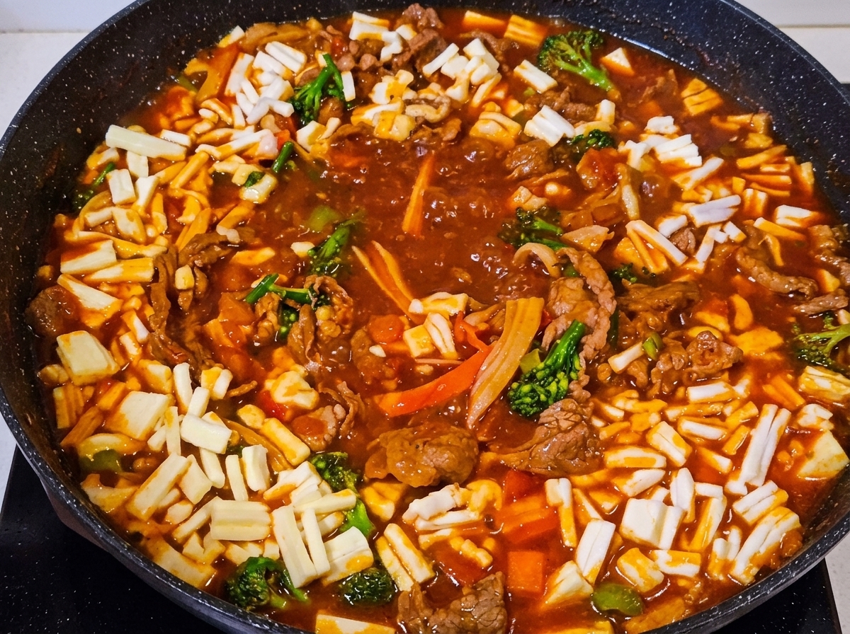 Arroz colocado en el centro de la sartén con una loncha de queso encima.