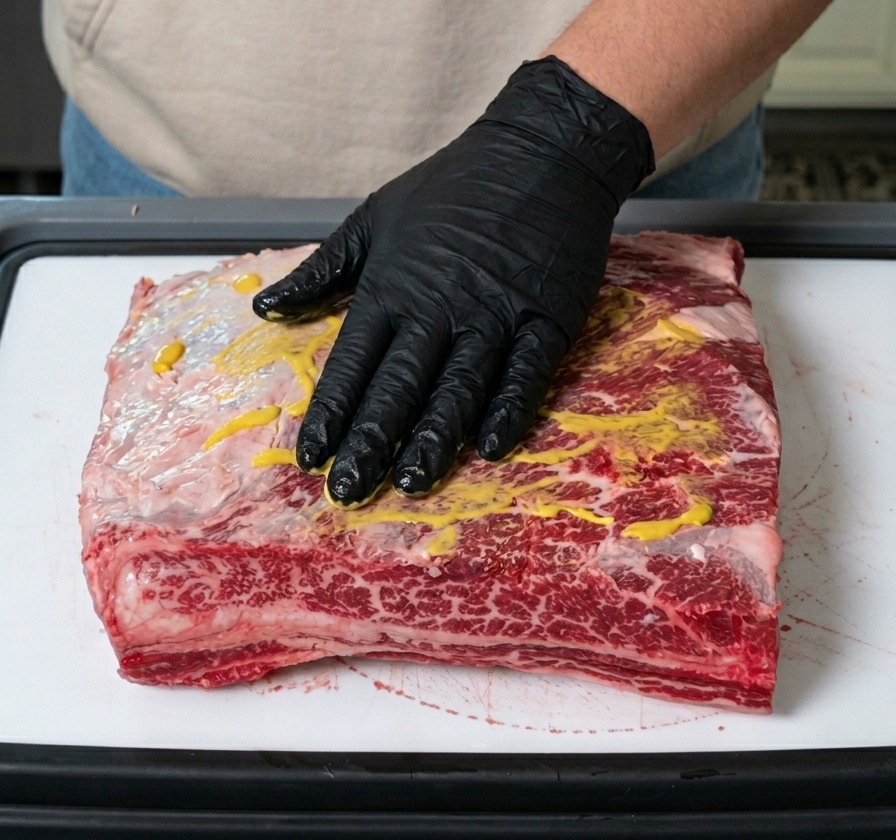 Una mano con guante extiende mostaza amarilla sobre un bloque de costillas de ternera cruda en una tabla de cortar blanca.