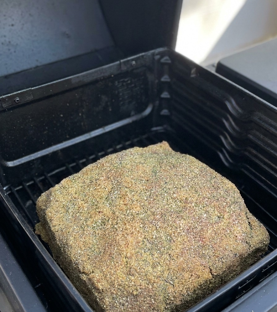Un costillar de ternera sazonado sobre las rejillas negras de un ahumador abierto.