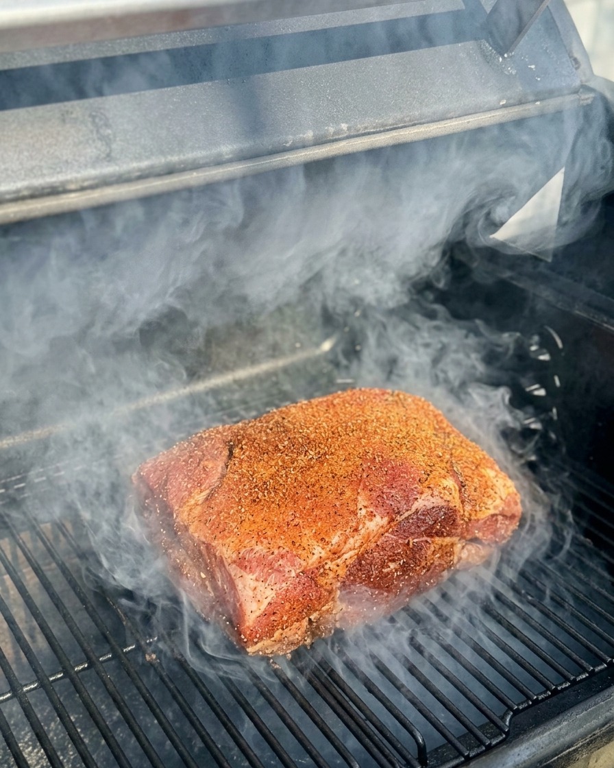 Costillas dentro de la cámara del ahumador rodeadas de humo blanco, con el sazón exterior volviéndose marrón oscuro.