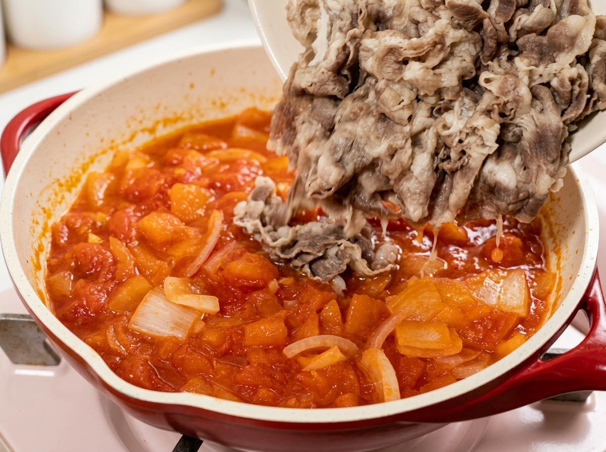 Ternera blanqueada vertiéndose en una sartén con la mezcla cocinada de tomate y cebolla.