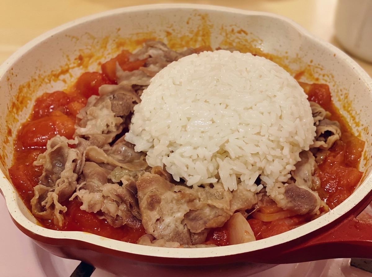 Una cúpula de arroz blanco reposando sobre la mezcla de ternera y tomate en una sartén.