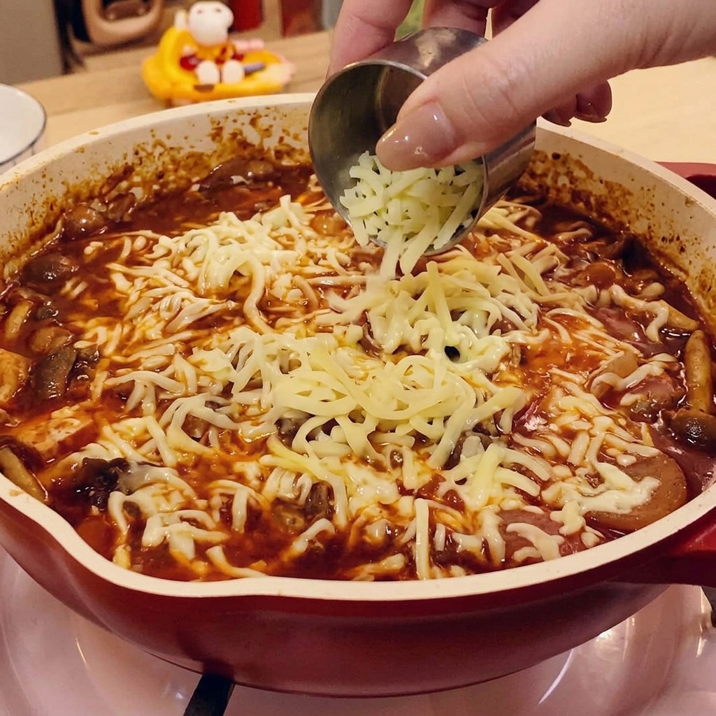 La sartén llena de la mezcla de carne y arroz cubierta con una tapa de madera, sobre los fogones.
