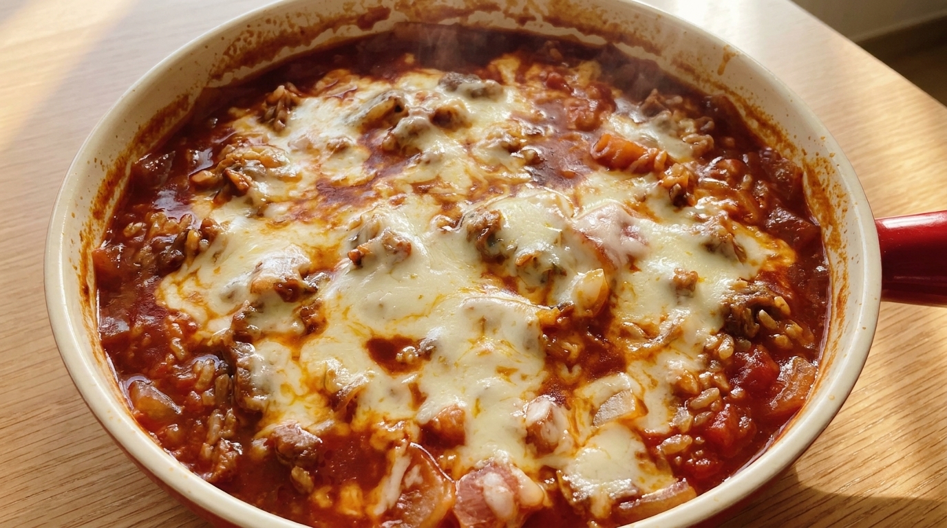 Estofado de Ternera y Arroz con Queso en una Sartén