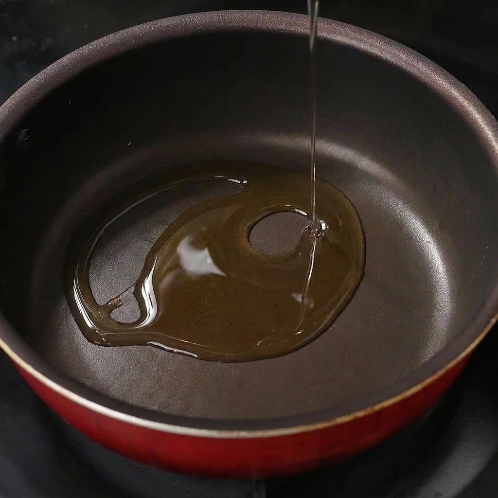 Aceite de cocina vertido en una pequeña sartén antiadherente roja sobre la estufa.