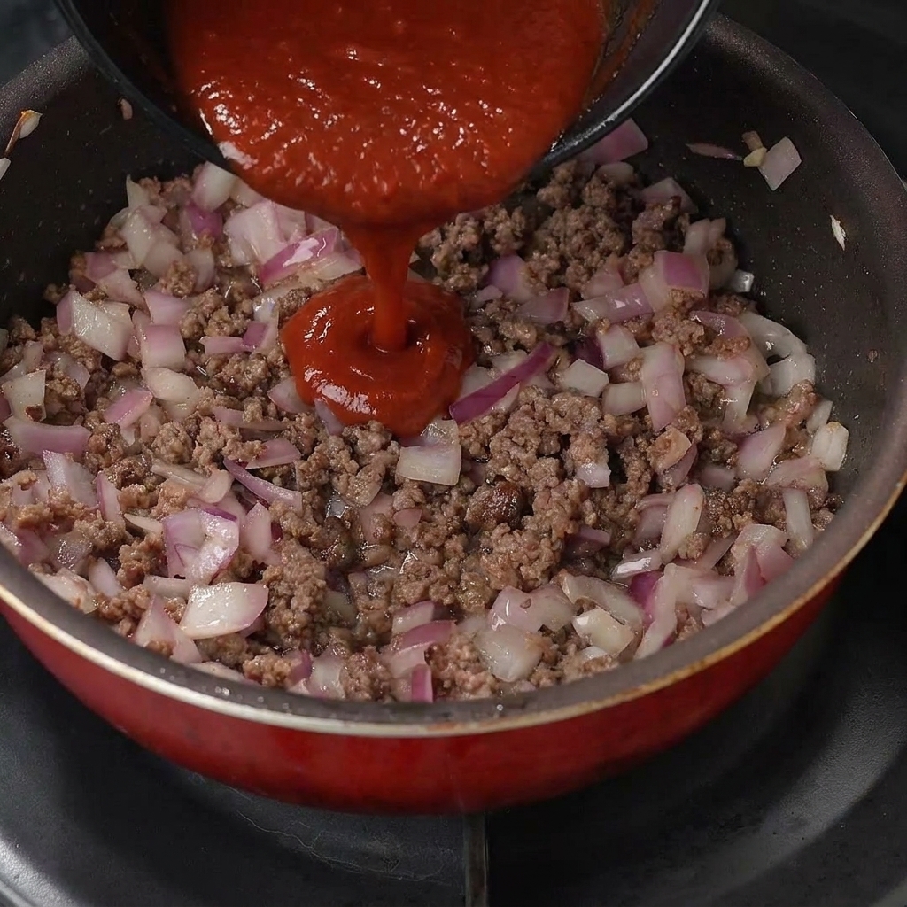 Una salsa oscura y sabrosa vertida sobre la carne y las cebollas en la sartén.