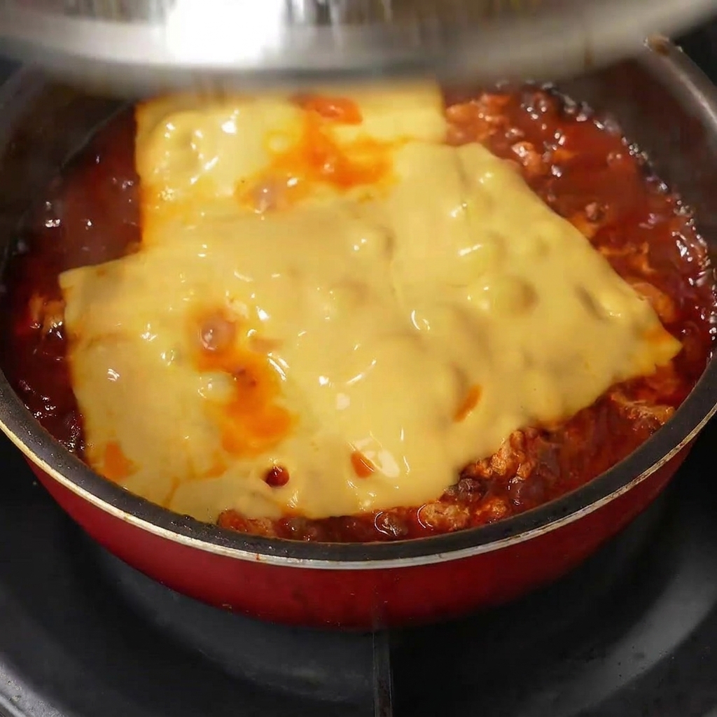 Un plato terminado de carne y queso derretido en una sartén, decorado con una pizca de semillas de sésamo negro.