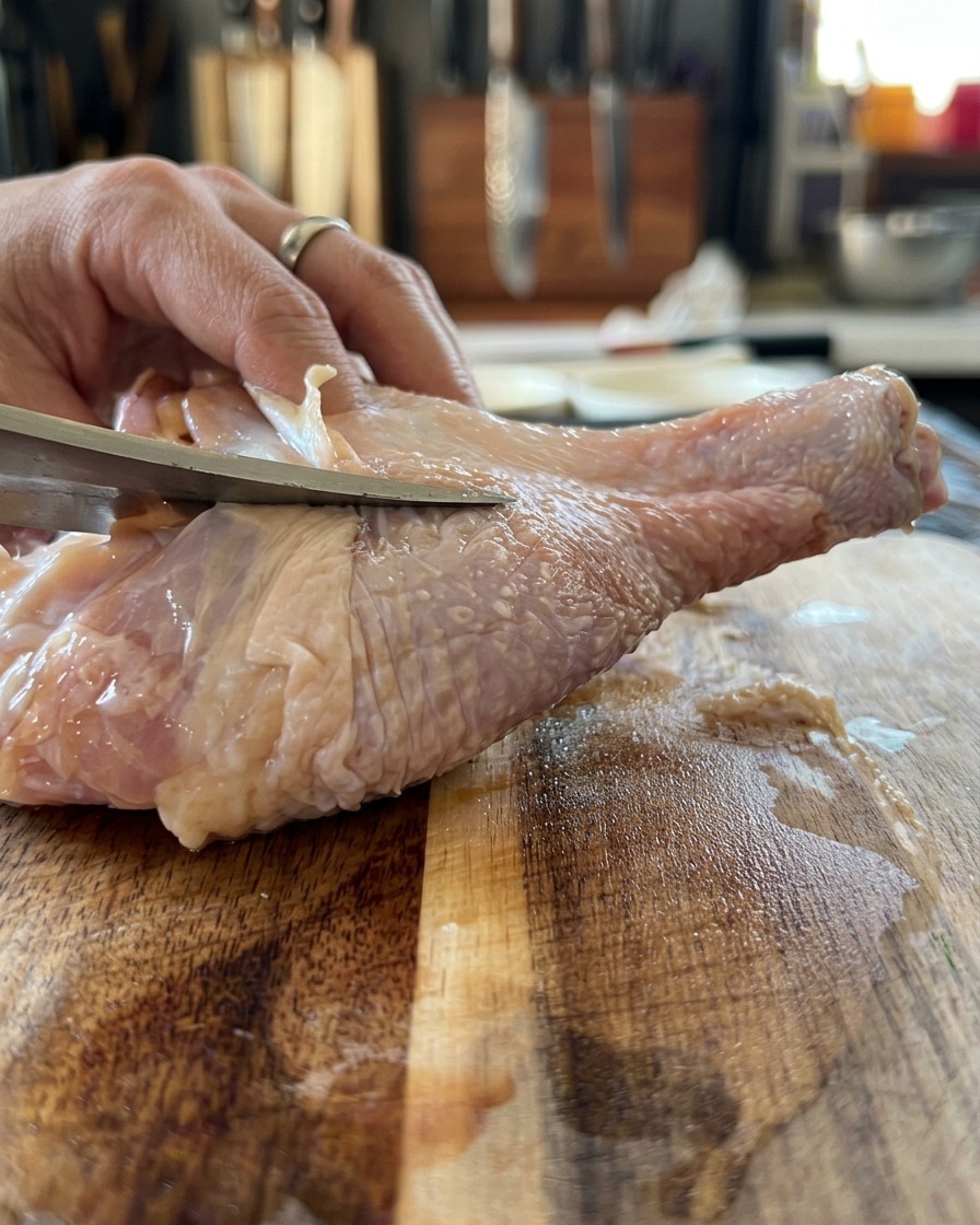 Un muslo de pollo crudo siendo deshuesado con un cuchillo afilado sobre una superficie de madera.