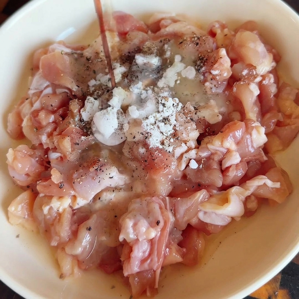 Un tazón que contiene pollo crudo picado con salsa de soja y especias añadidas.