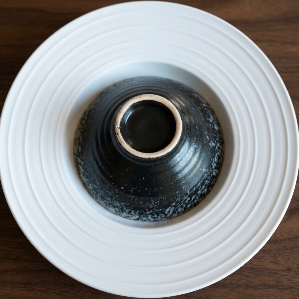 Una cúpula de arroz blanco perfectamente formada siendo colocada sobre un plato de servir blanco.
