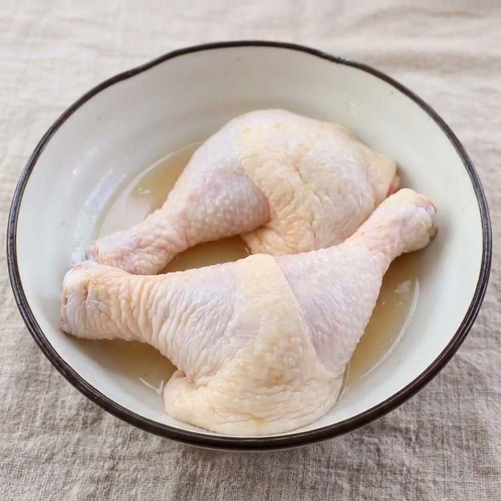 Muslos de pollo crudos siendo preparados retirando los huesos con tijeras de cocina.