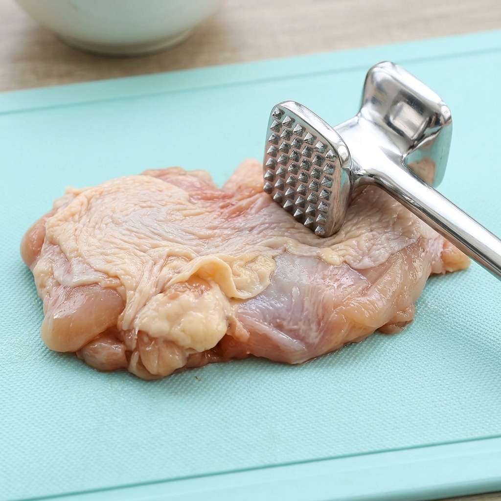 Un muslo de pollo crudo sobre una tabla de cortar azul siendo ablandado con un mazo de carne metálico.