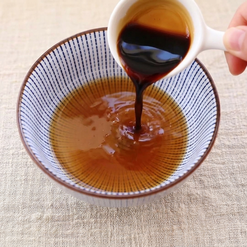 Salsa oscura siendo vertida desde una pequeña taza blanca en un bol con una mezcla líquida más clara.