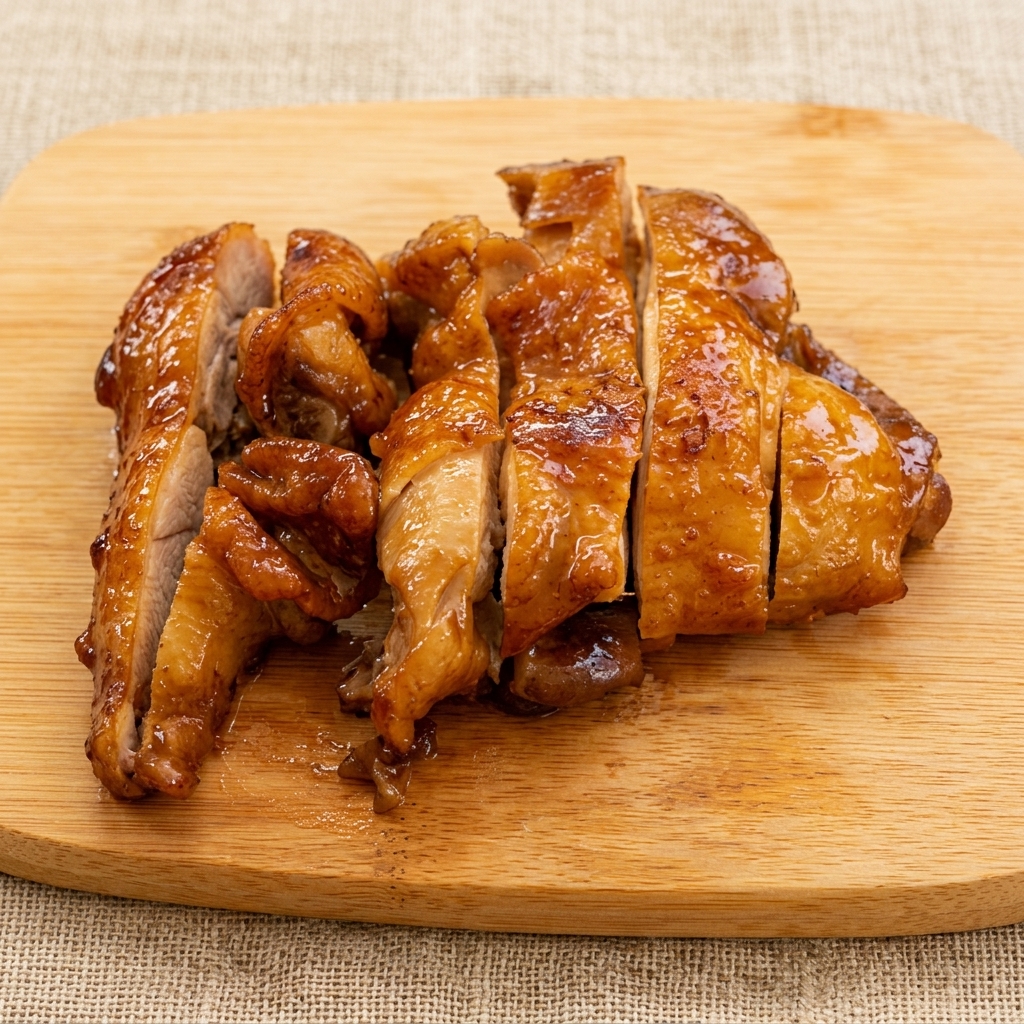 Un muslo de pollo cocinado siendo cortado en tiras uniformes sobre una tabla de madera.