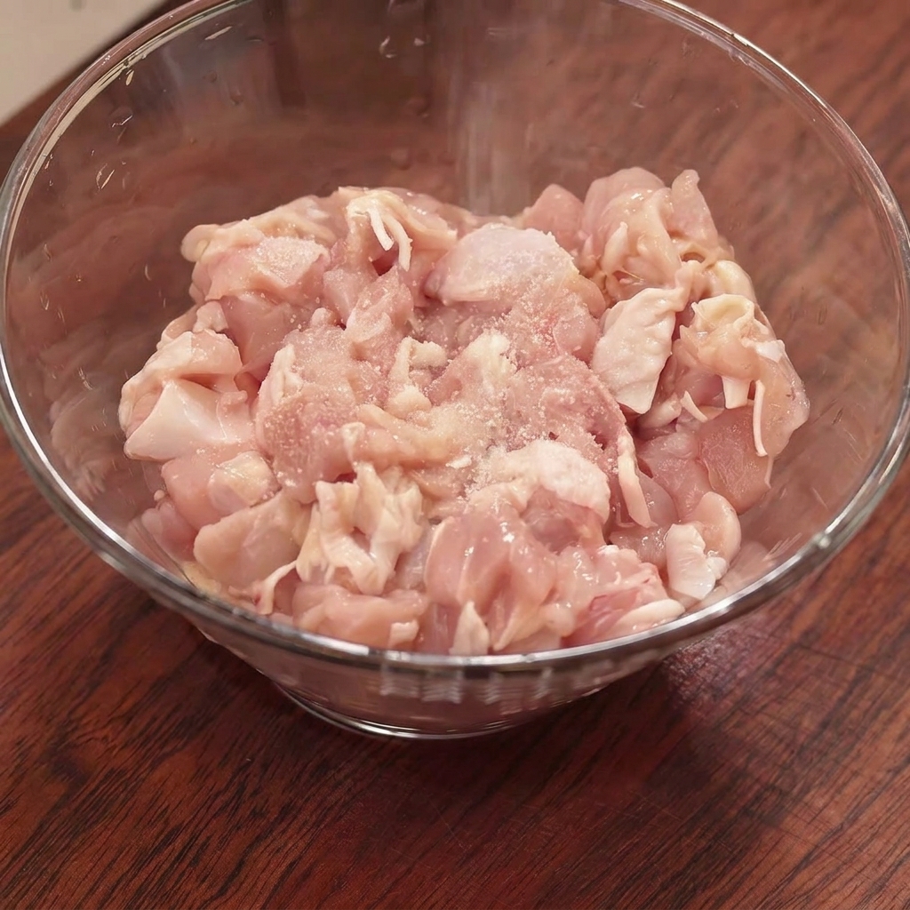 Pollo picado en un bol de cristal con sal, almidón de maíz y especias antes de mezclar.