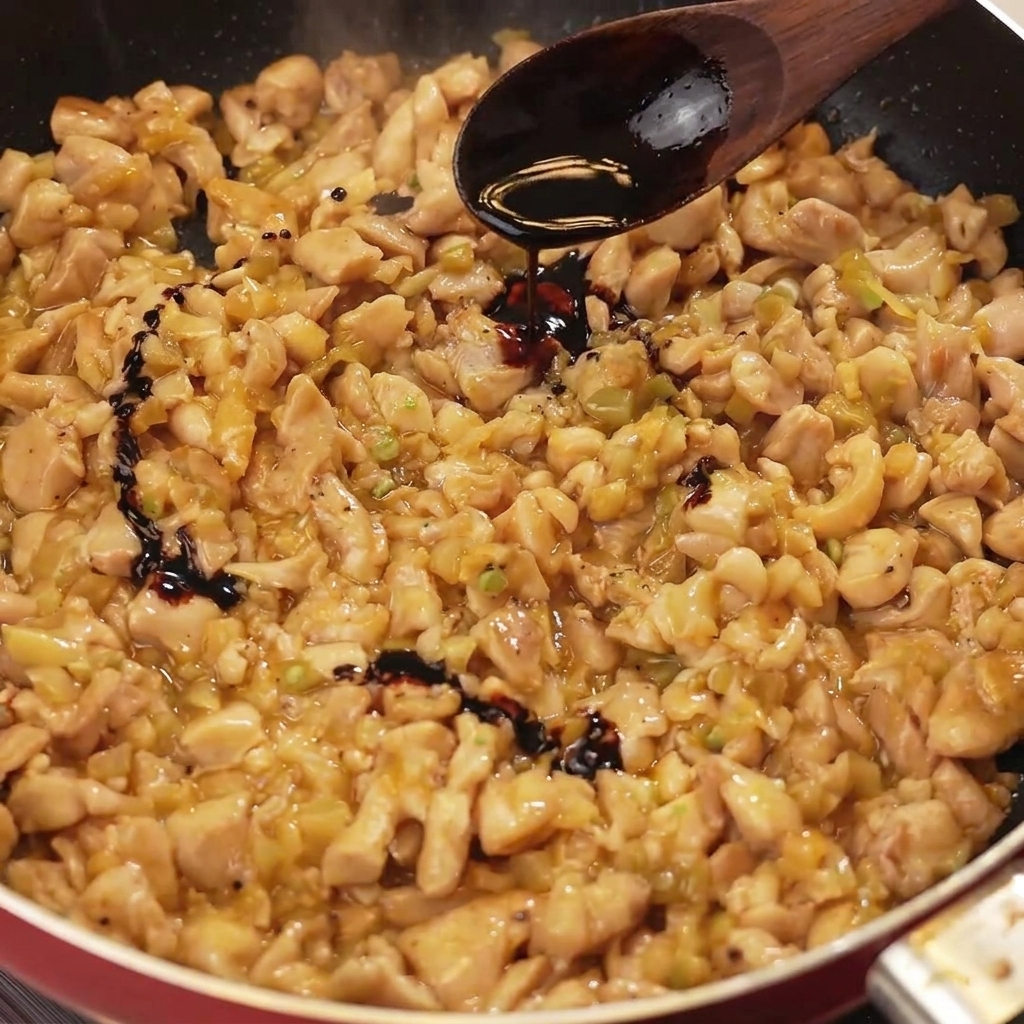Una cuchara de madera vertiendo salsa de soja oscura sobre el pollo y la mostaza en la sartén.
