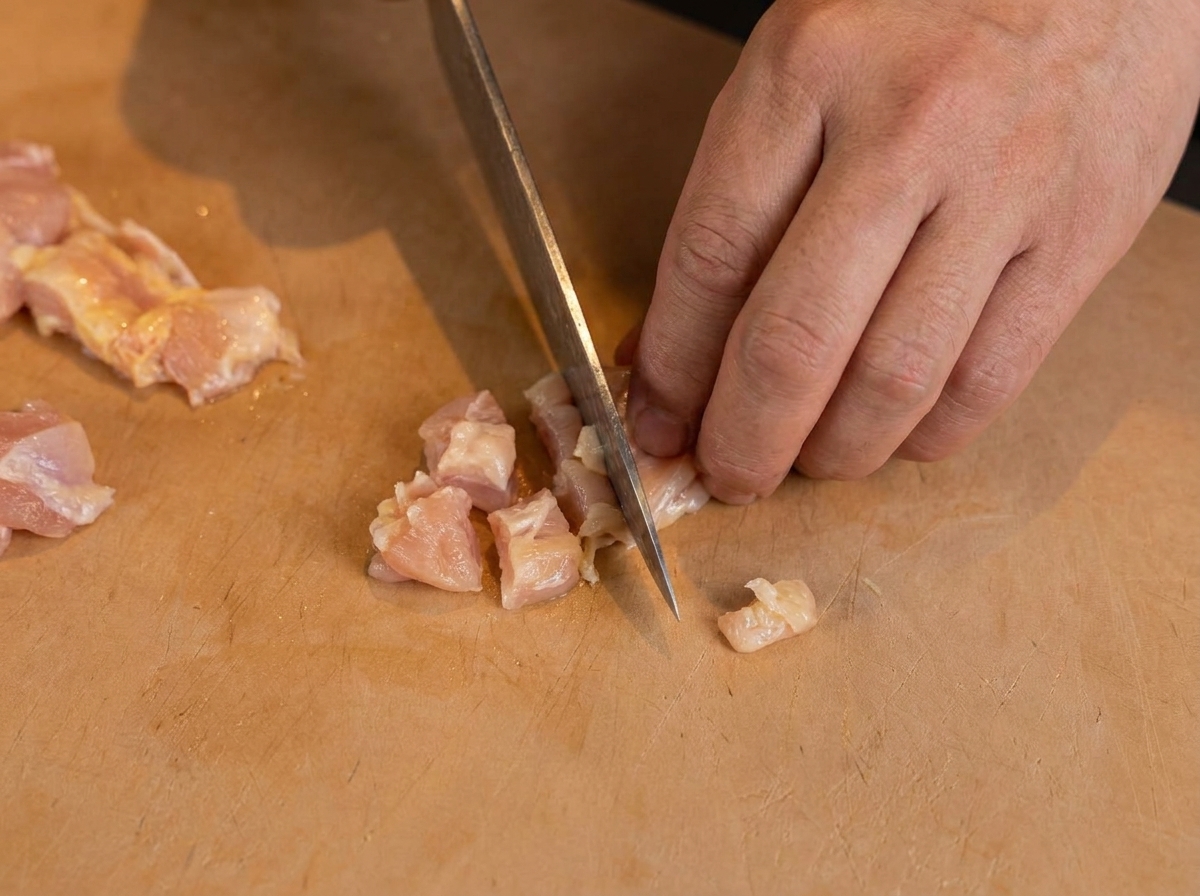 Una mano usando un cuchillo para cortar carne de pollo cruda en pequeños cubos sobre una tabla de madera.