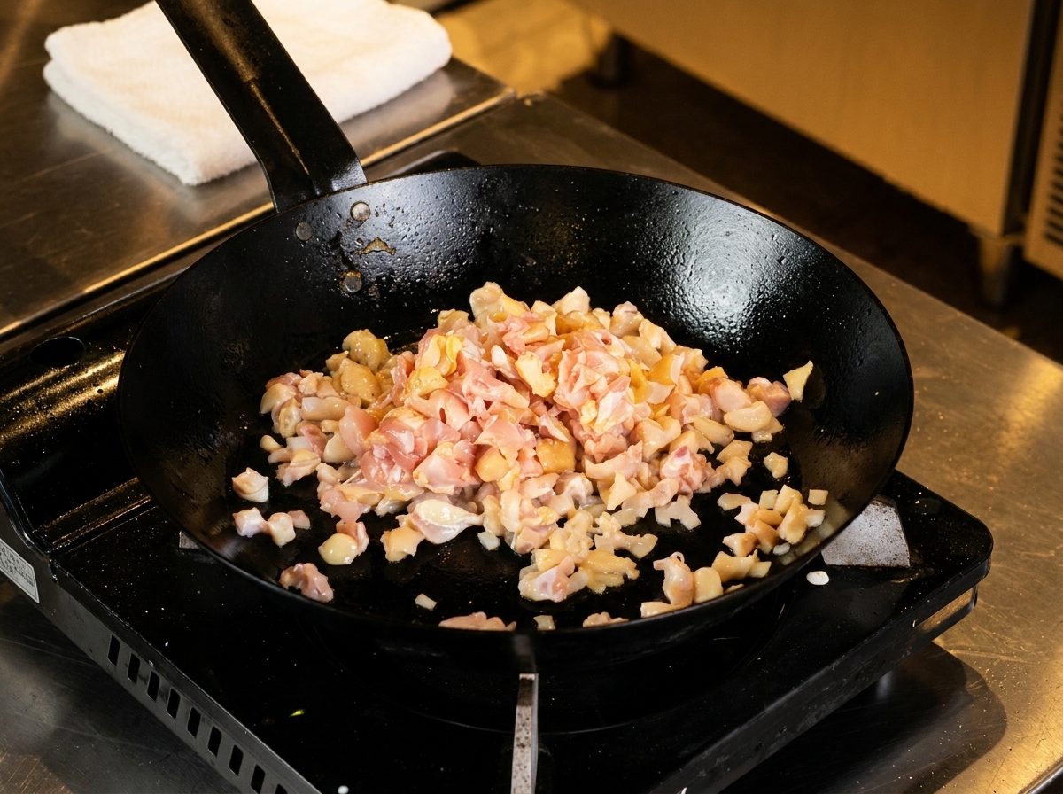 Carne de pollo cruda y cartílago cocinándose en una sartén negra caliente.