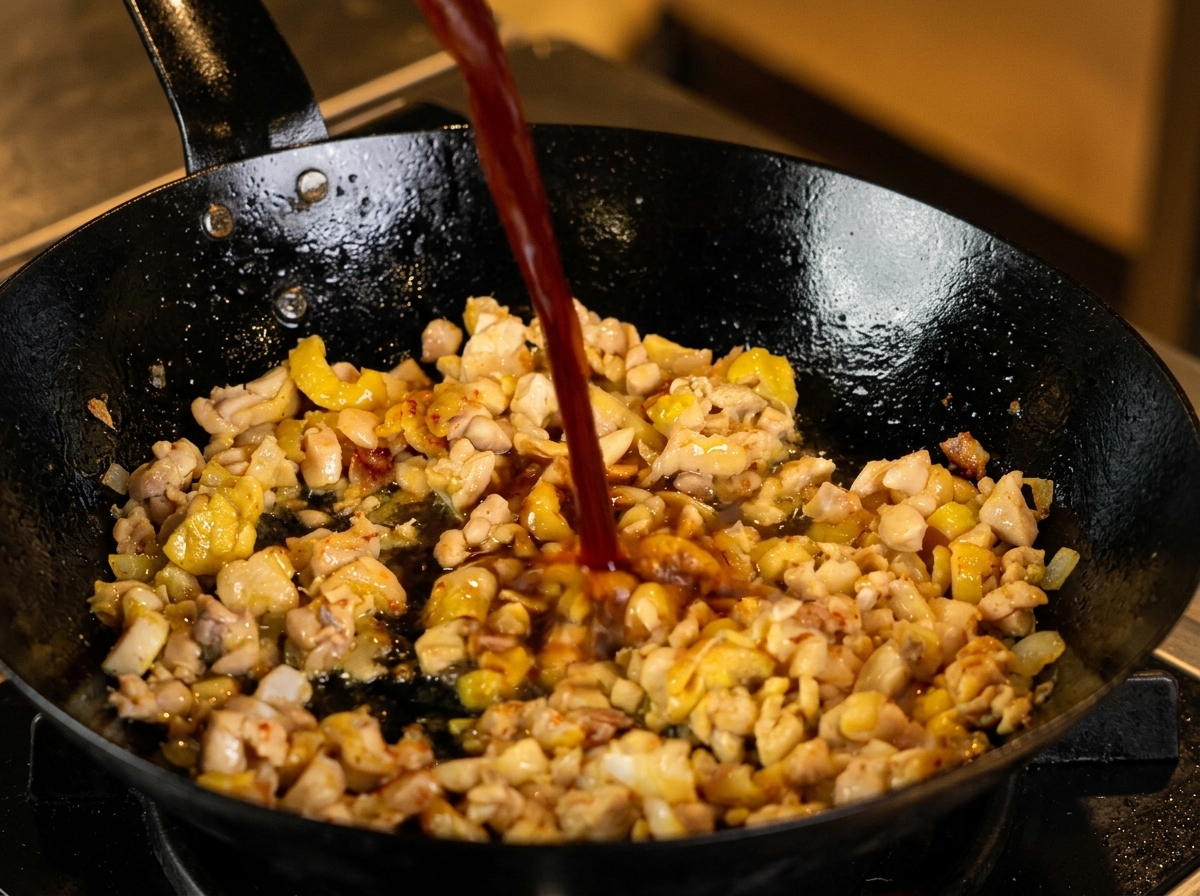 Un chorro de salsa oscura vertido en un wok negro con pollo picado.