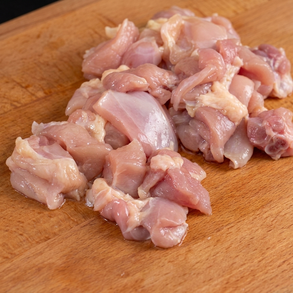 Carne cruda de muslo de pollo picada en trozos pequeños sobre una tabla de cortar de madera.