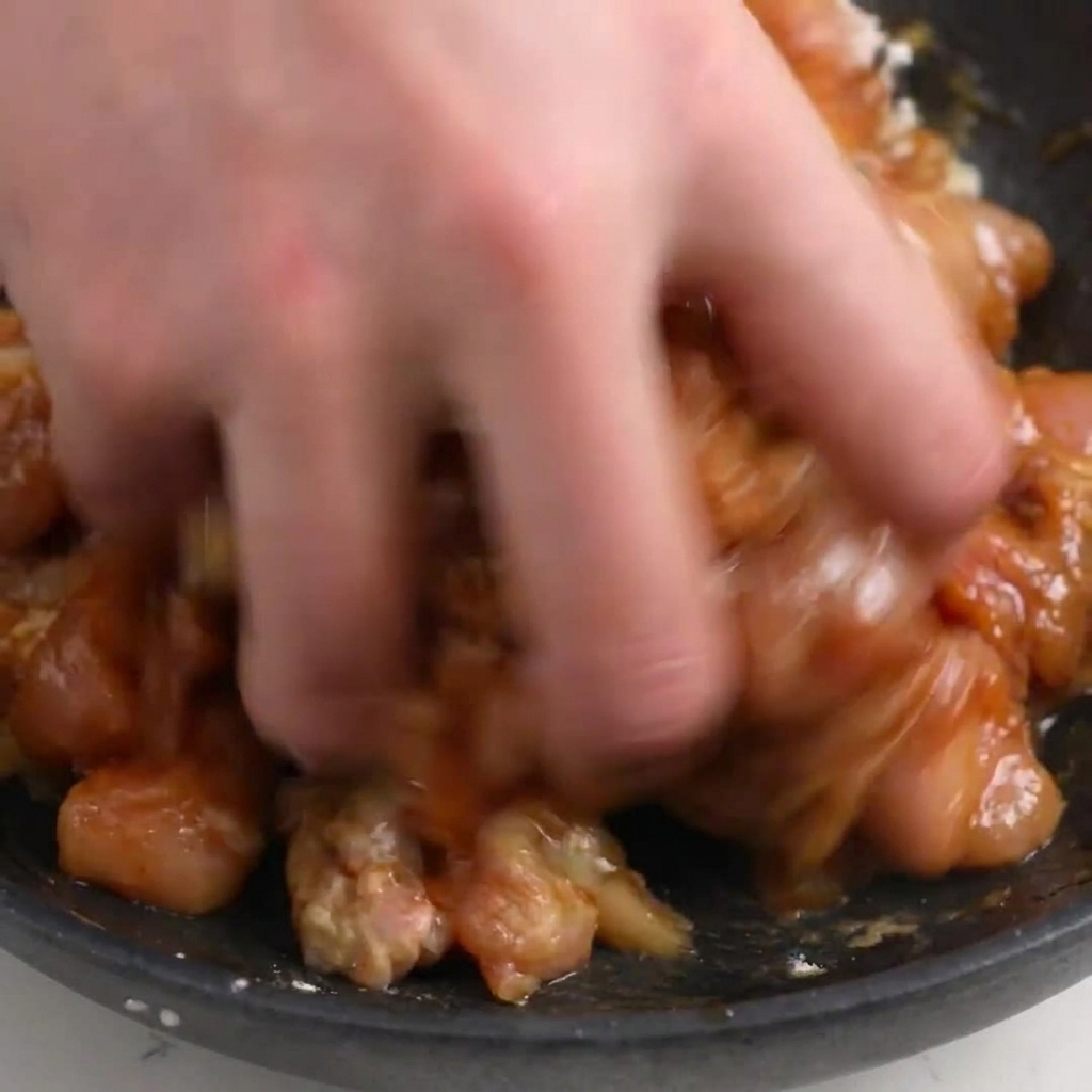 Una mano mezclando pollo crudo picado con maicena y condimentos líquidos en un bol oscuro.