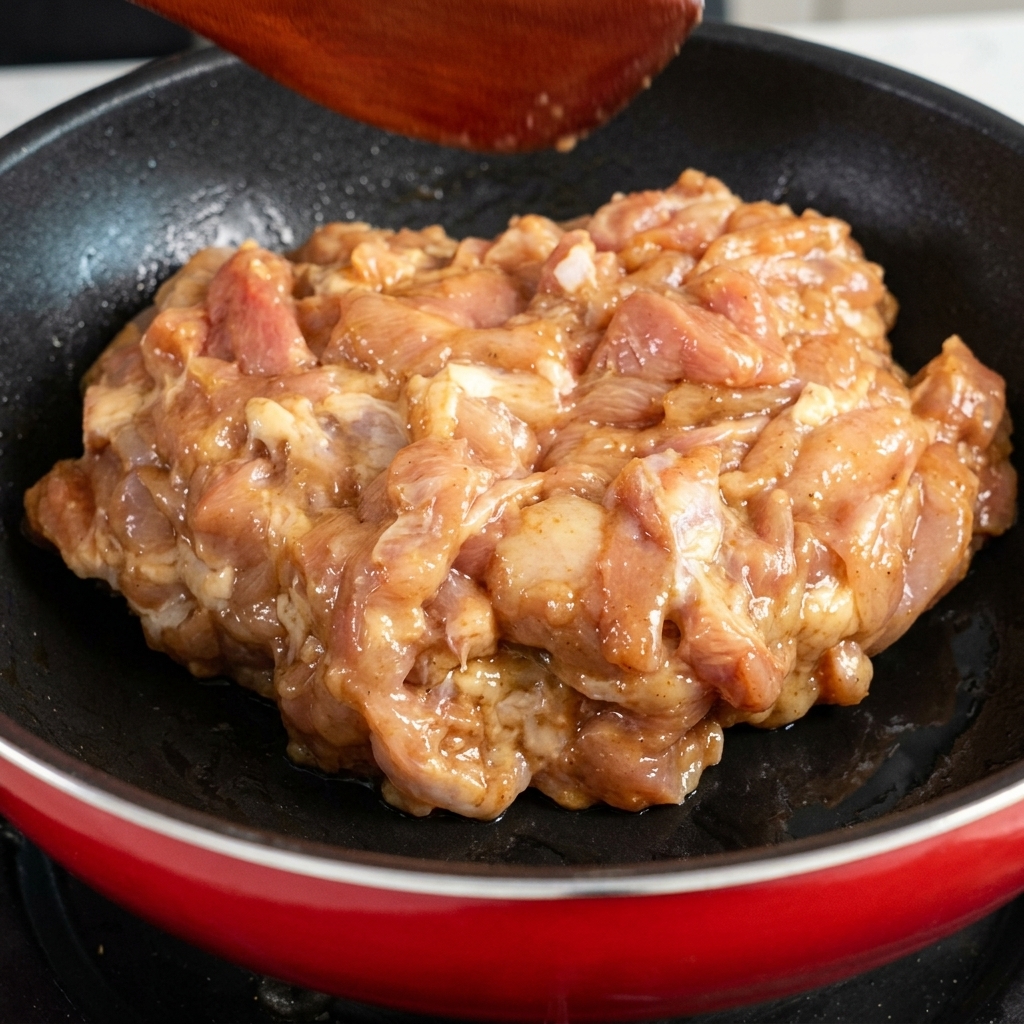 Trozos de pollo crudo marinado siendo colocados en una sartén roja caliente.