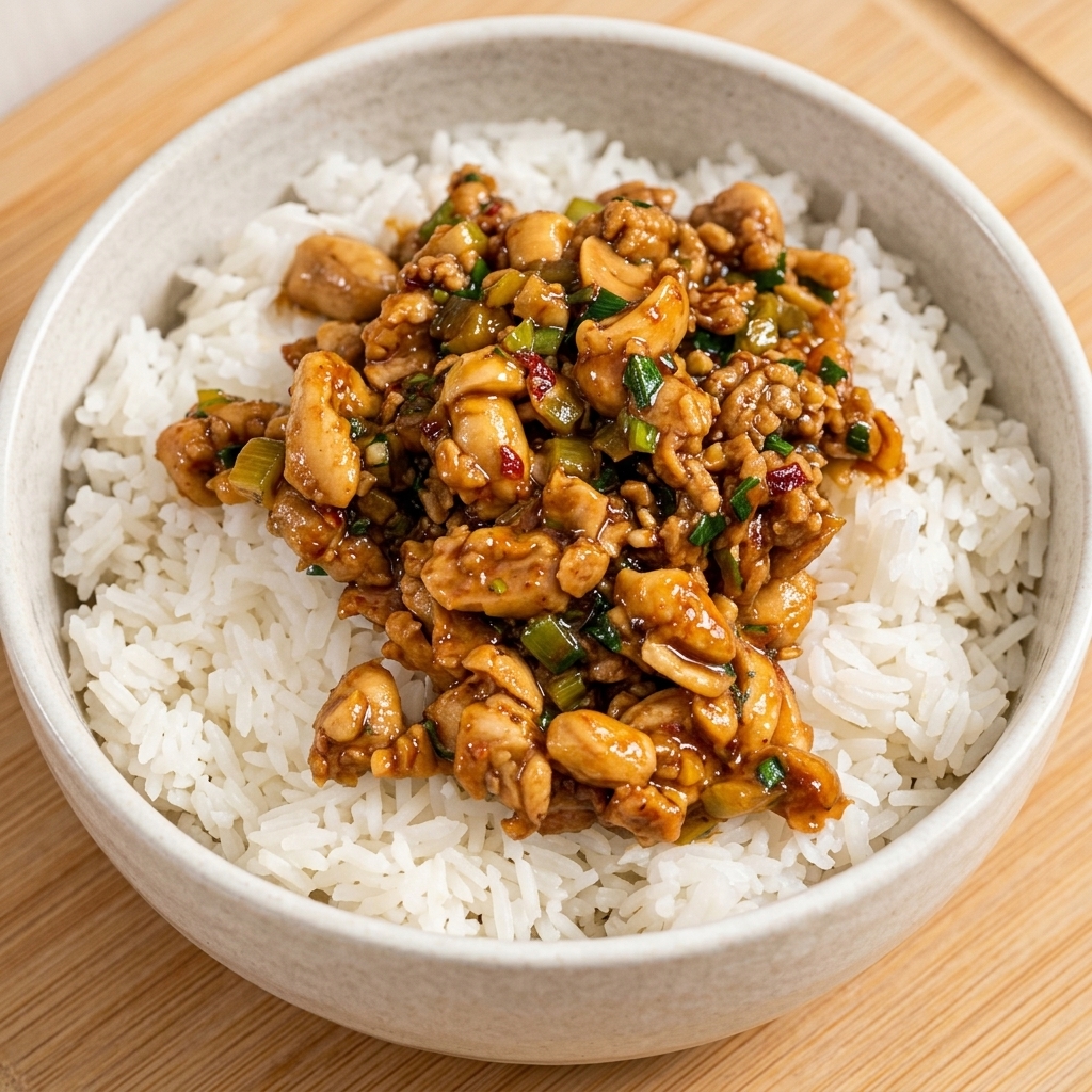 Salteado de pollo sabroso servido sobre arroz blanco en un tazón de cerámica.
