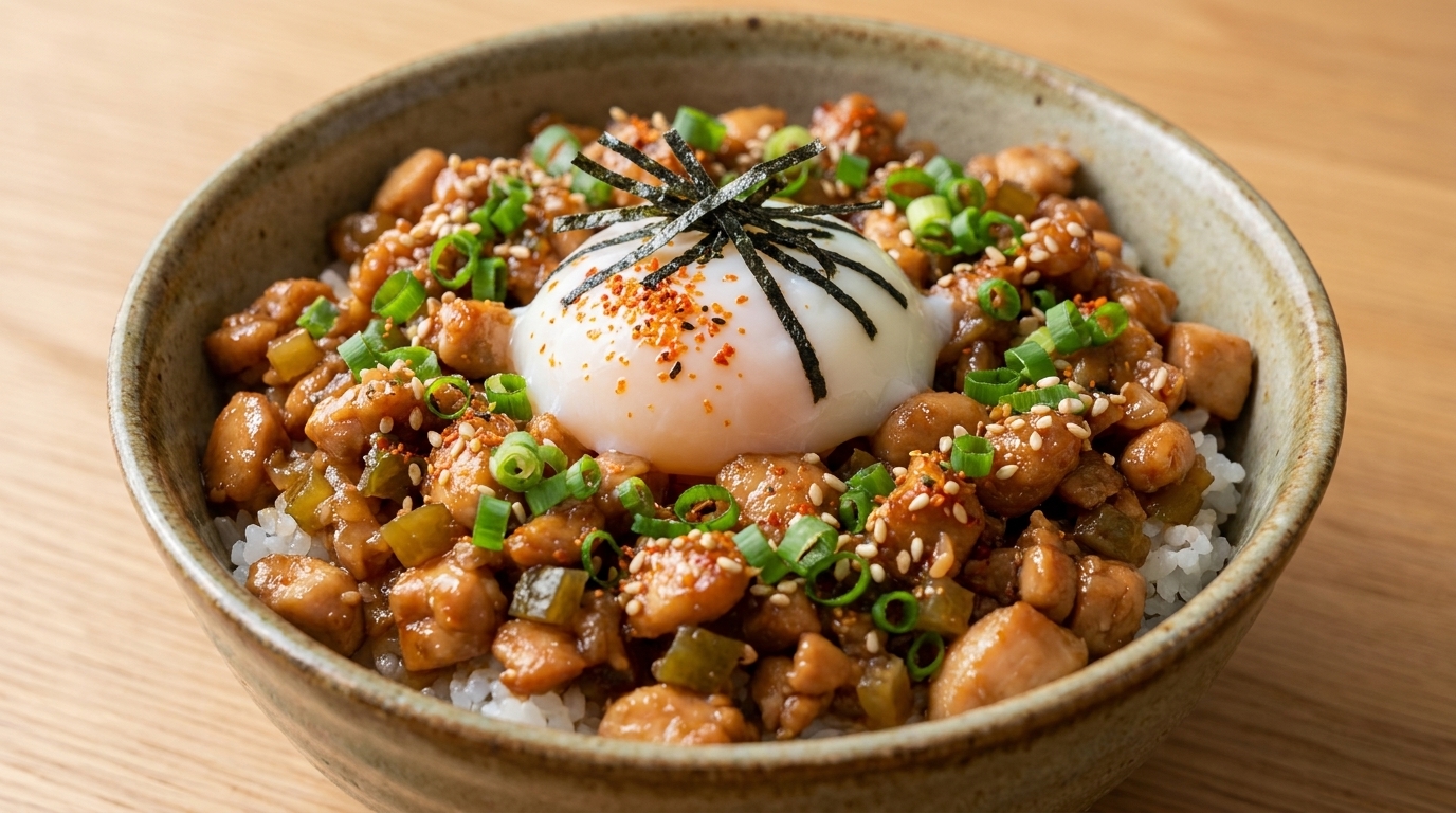 Tazón de arroz japonés con pollo picado y mostaza encurtida (Tori Soboro Don)