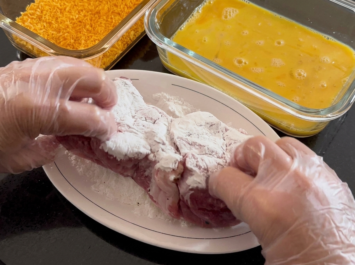 Manos con guantes presionando almidón blanco uniformemente sobre un trozo de cerdo crudo marinado en un plato.
