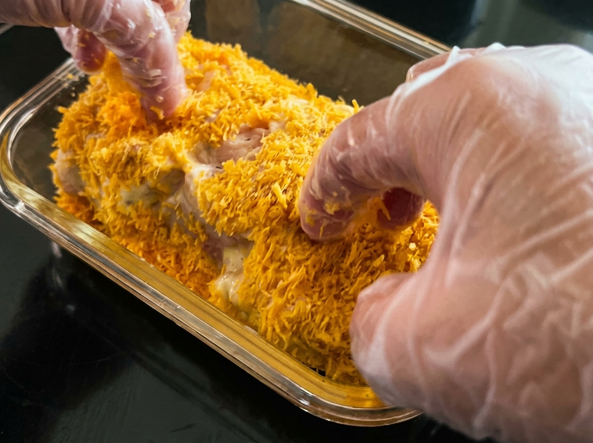 Manos con guantes presionando pan rallado panko naranja sobre una chuleta de cerdo cubierta de huevo.