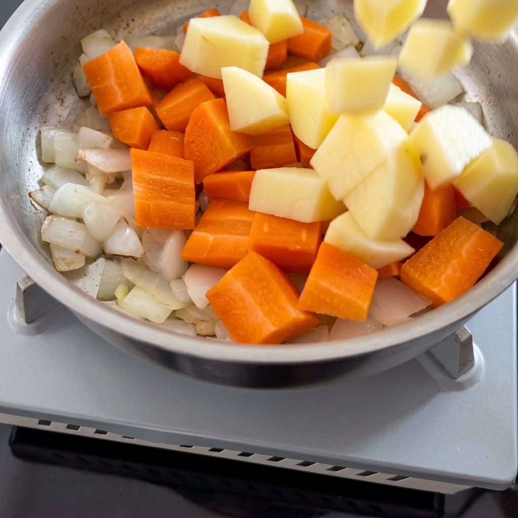 Zanahorias y papas en cubitos cayendo en una olla de metal para ser salteadas con cebollas sofritas.