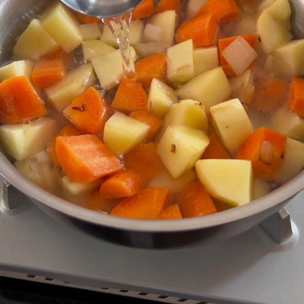 Cubos sólidos de roux de curry siendo añadidos a una olla de caldo de verduras a fuego lento.