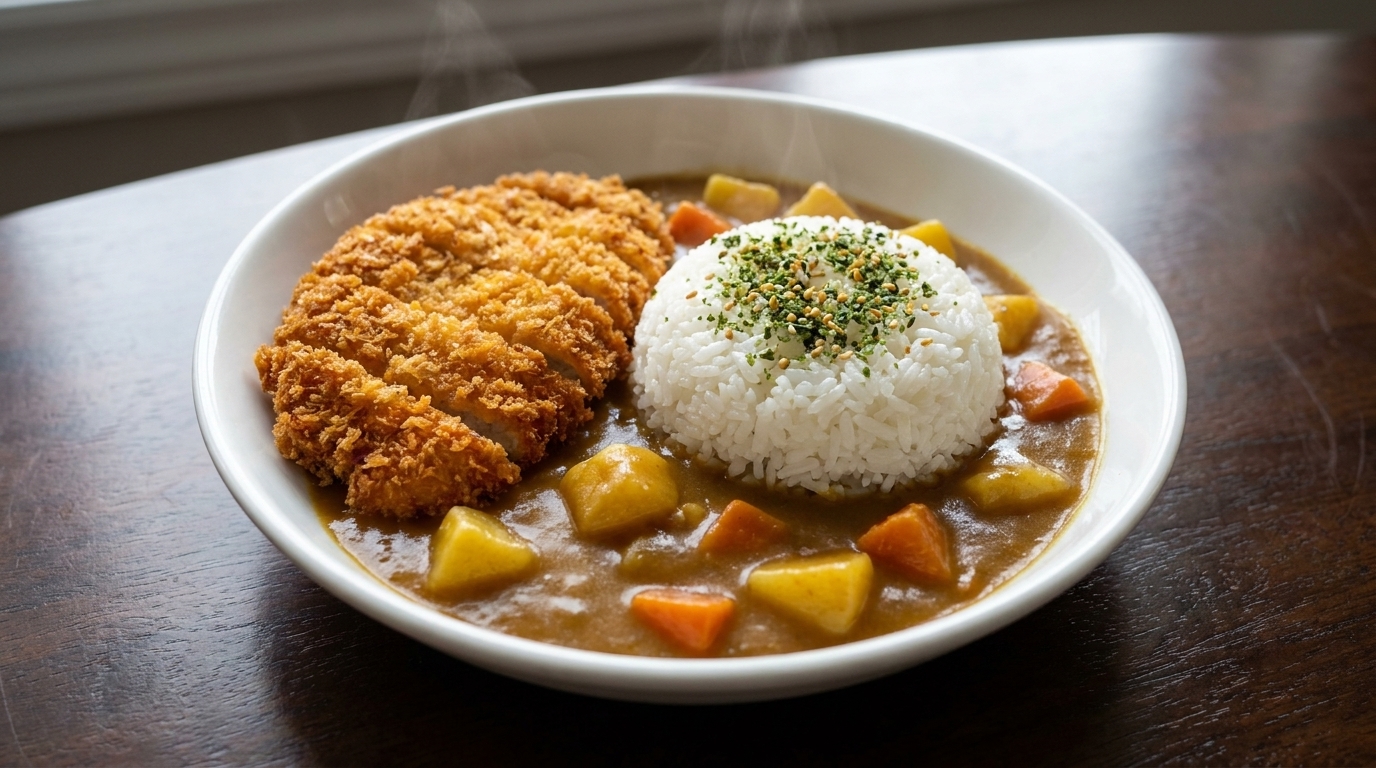 Un plato de curry katsu japonés con una chuleta de cerdo empanizada dorada y una rica salsa de curry.