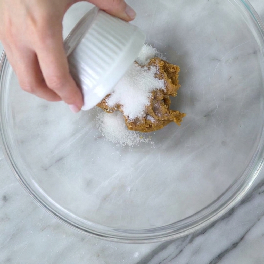 Azúcar blanca siendo vertida sobre la pasta de miso en un cuenco.