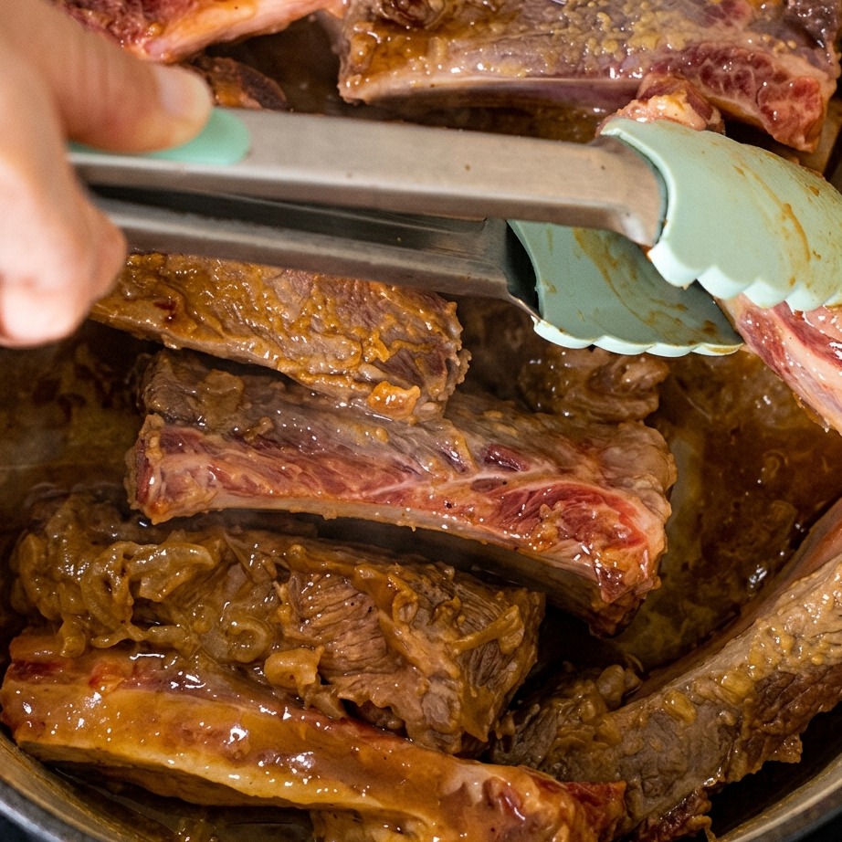 Costillas siendo volteadas con pinzas, mostrando un sellado dorado oscuro.