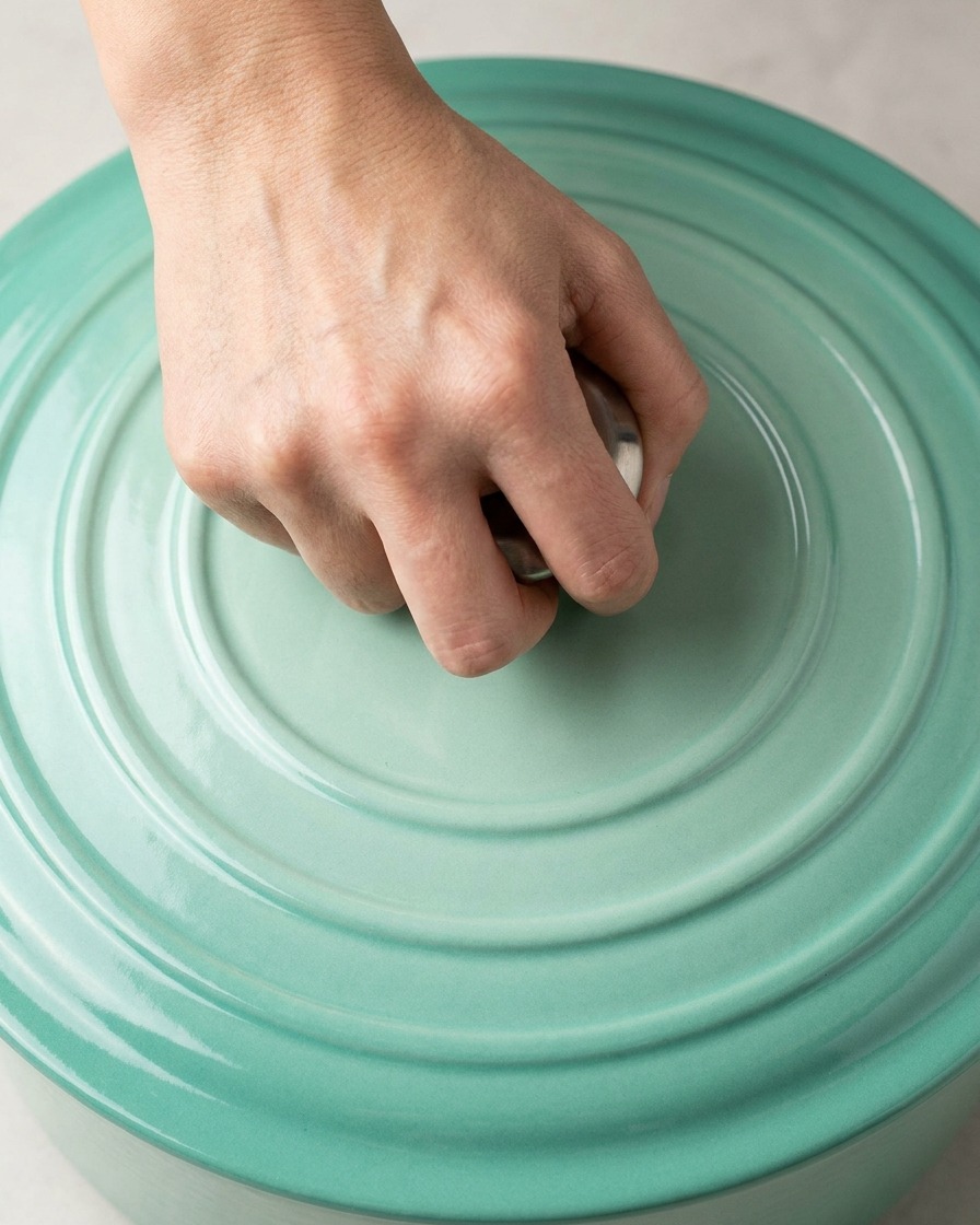 Una mano colocando la tapa en una olla de hierro fundido azul.
