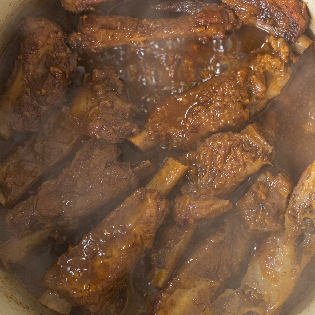 Costillas glaseadas cocinándose en una salsa espesa y burbujeante.