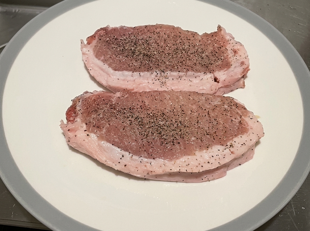 Trozos de lomo de cerdo de corte grueso extendidos en un plato, sazonados con una capa visible de sal y pimienta negra molida.