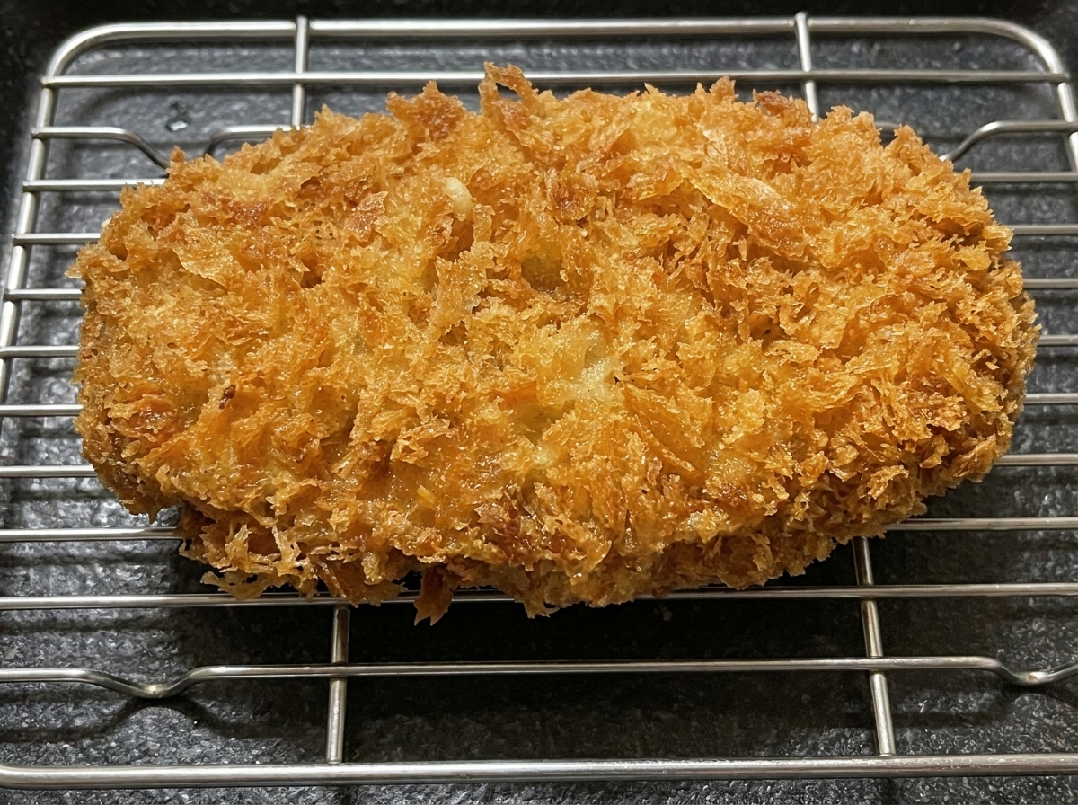 Una chuleta de cerdo frita y dorada reposando sobre una rejilla de acero inoxidable.