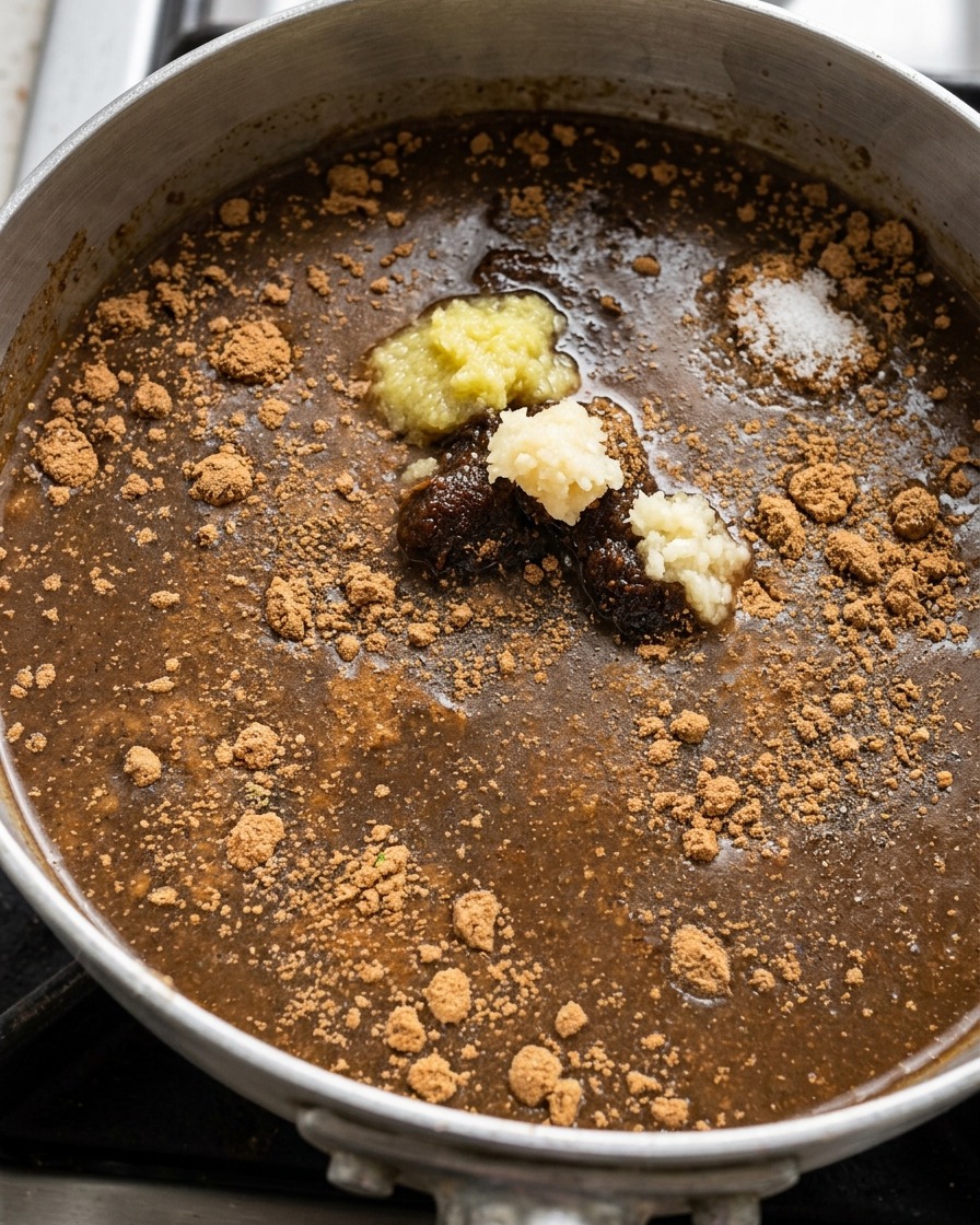 Una olla que contiene ingredientes para la salsa de miso, incluyendo pasta de miso, ajo picado, jengibre y varios condimentos en polvo listos para cocinar a fuego lento.