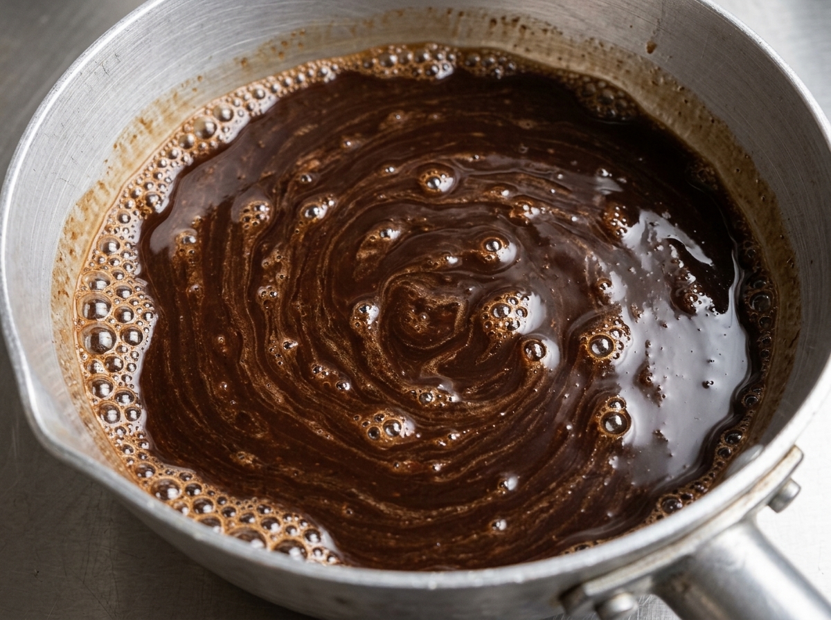 Una cacerola de metal que contiene una mezcla de salsa de miso marrón oscura que se remueve con una cuchara.