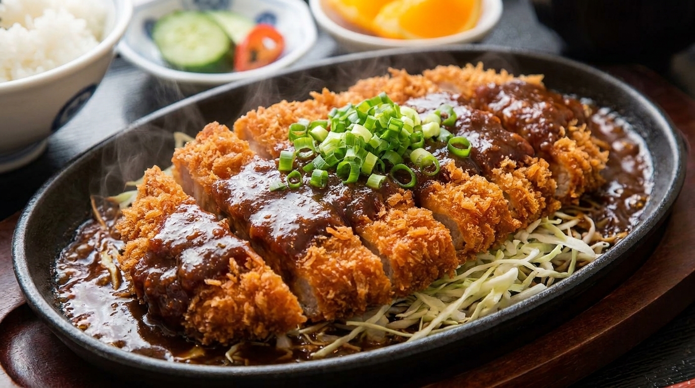 Una gruesa chuleta de cerdo dorada servida en una plancha de hierro fundido caliente, cubierta con una salsa de miso oscura y brillante, adornada con cebolleta fresca.