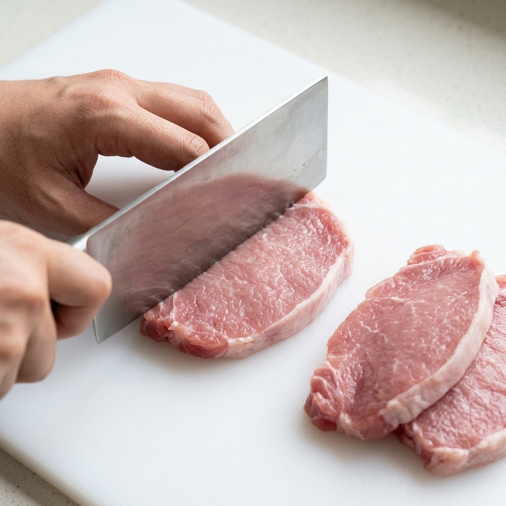 Una rodaja de cerdo crudo siendo golpeada suavemente con el lado plano de un cuchillo pesado.