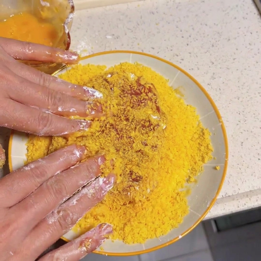Manos presionando un trozo de carne en un plato de pan rallado amarillo.