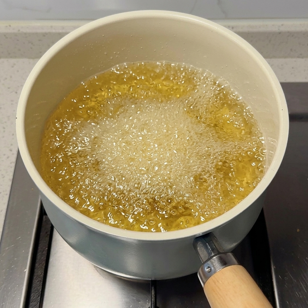 Una chuleta empanizada friéndose en aceite caliente burbujeante dentro de una olla blanca.