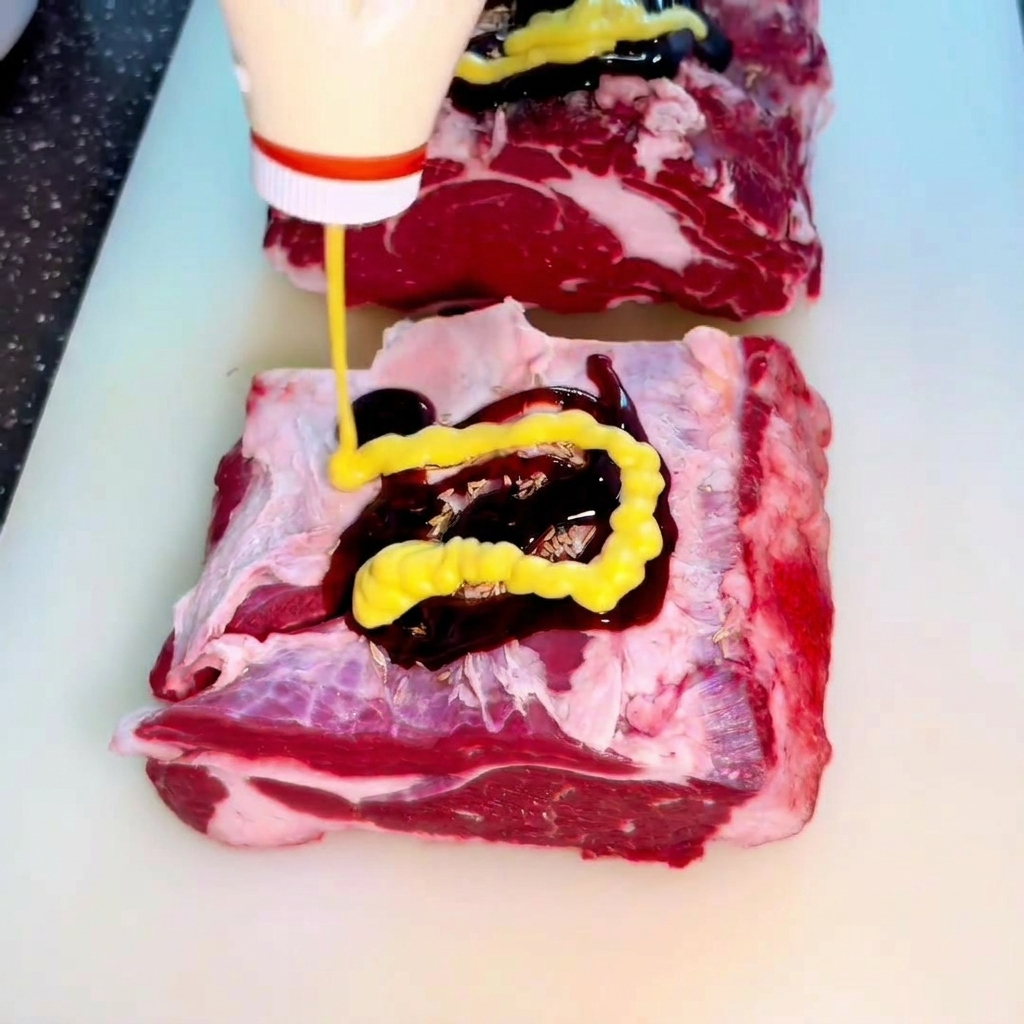 Bote de salsa de mostaza y miel vertiendo el contenido en zigzag sobre la carne sazonada.